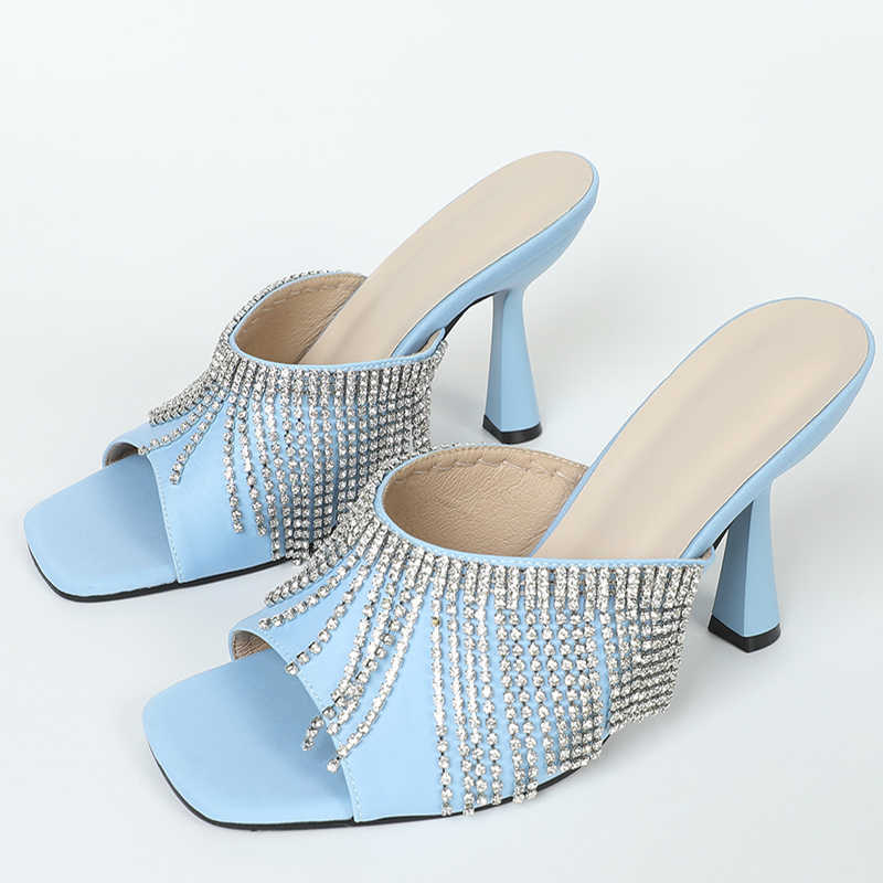 Crystal Ladies High Heels Sandaler Slip On Fringe Female Casual Outdoor Slippers Slides Rhinestones Pumps Shoes For Women 0316