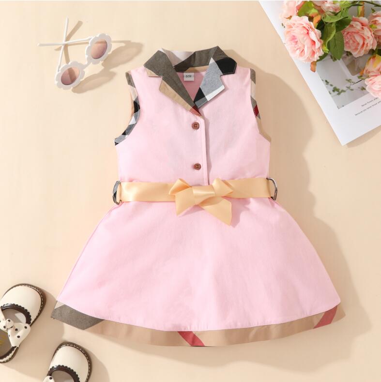 Été bébé filles robes à carreaux coton nouveau-né sans manches gilet robe avec nœud papillon col rabattu infantile princesse robes enfant en bas âge jupes fille jupe