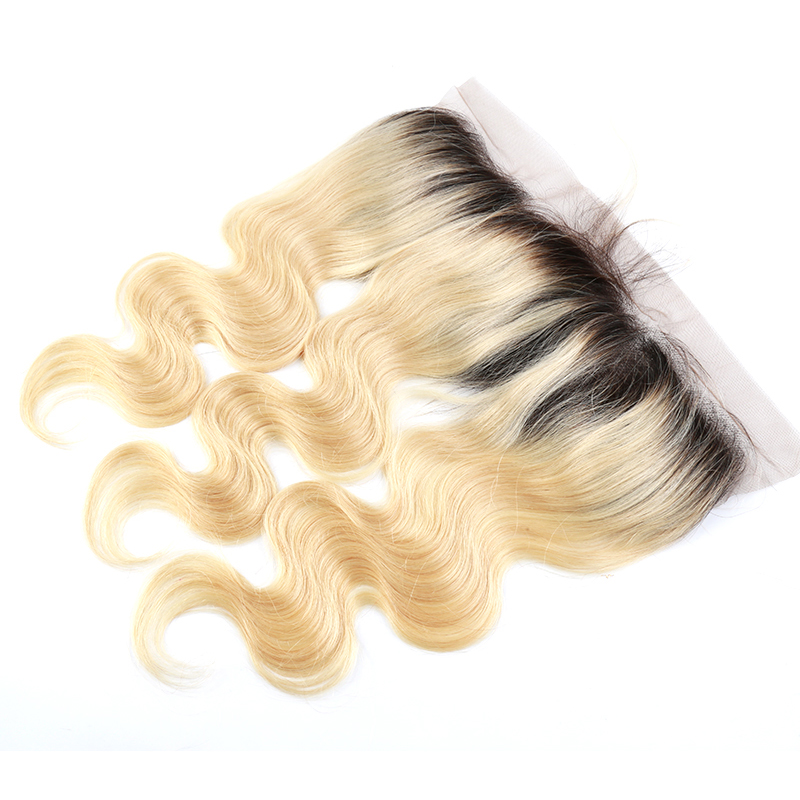 Deal Peruaanse blonde ombre menselijk haar frontale donkere wortels 1B/613 blonde twee tonen 13x4 rechte kant frontals sluiting grastremy body wave