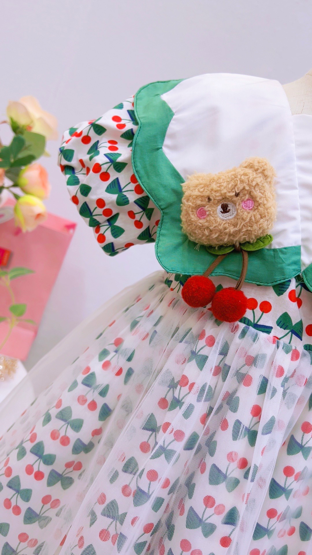 Criança criança garotas vestido de cereja verão roupas de bebê vestidos de princesa 2-7y