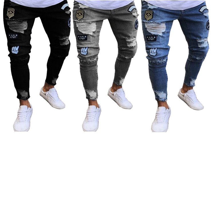 Mäns jean stretchig rippad mager cyklist broderi tecknad tryck jeans förstört hål smal passform denim högkvalitativ hip hop svart jeans