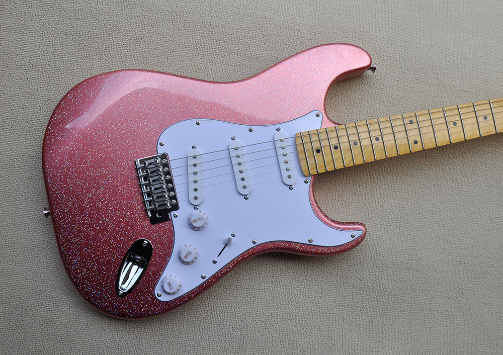 6 Strings Sparkle Pink Electric Guitar with Yellow Maple Fretboard SSS Pickups