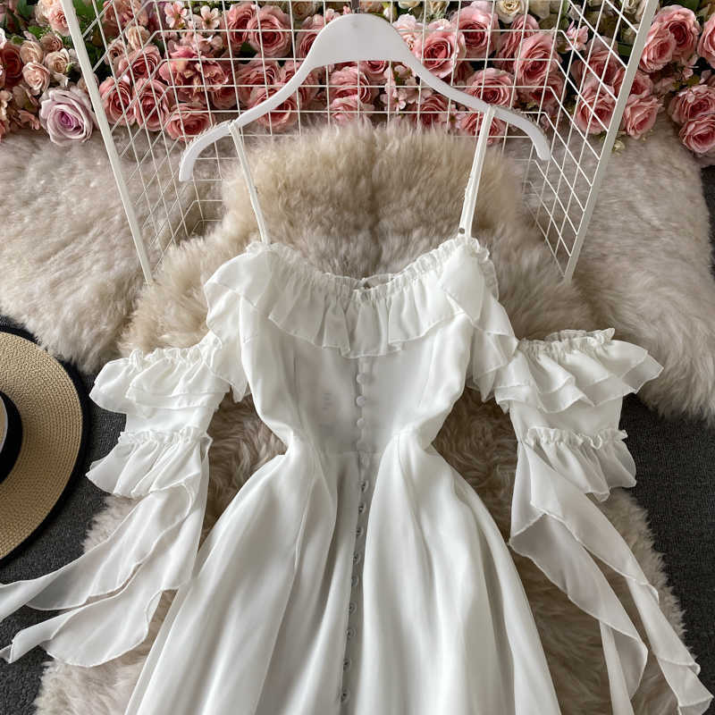 Casual Dresses Strandkleid Weiß 2022 Sommer Lange Ins Mode Elegante Rüschen Schulterfrei Rückenfrei Schlinge Weibliche Vestidos Chiffon Kleid Maxi W0315
