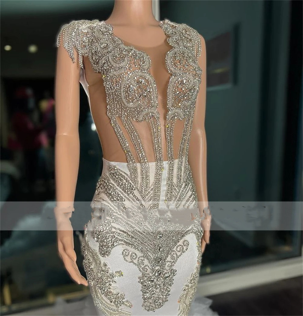 2023 Sparkly Sequins Beaded Mermaid Evening Dresses Sheer Neck Long Train Plus Size Formal Prom Party Gowns Vestidos De Novia For Arabic Women