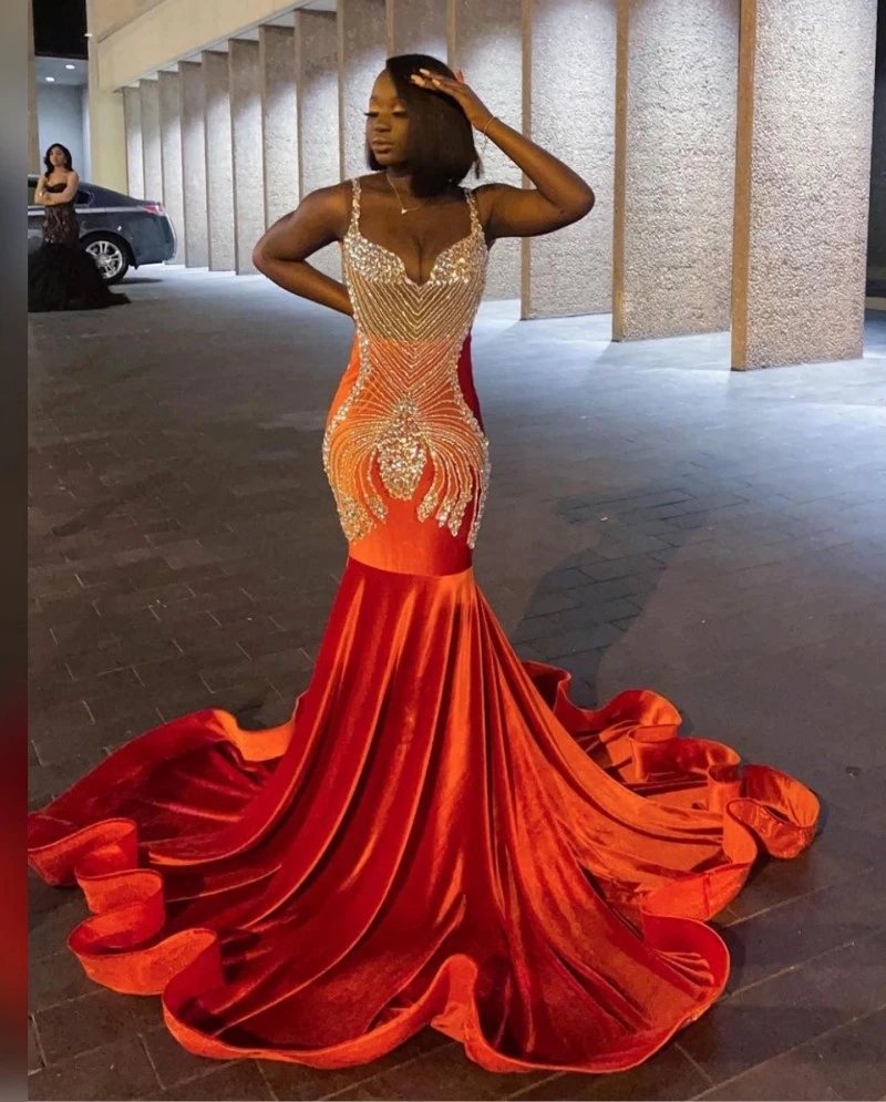 Sparkly Beaded Mermaid Prom Dresses For Black Girls 2023 Orange Velvet Plus Size Formal Birthday Party Evening Occasion Gowns Vestidos De Novia