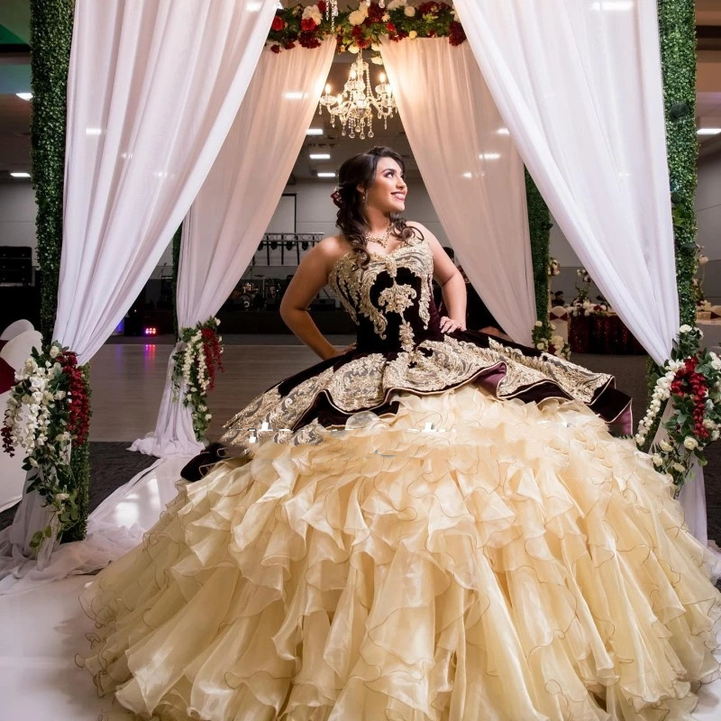 Charro Vestidos De XV Anos velours Quinceanera robes 2023 chérie appliques volants doux 16 anniversaire porter robe de soirée