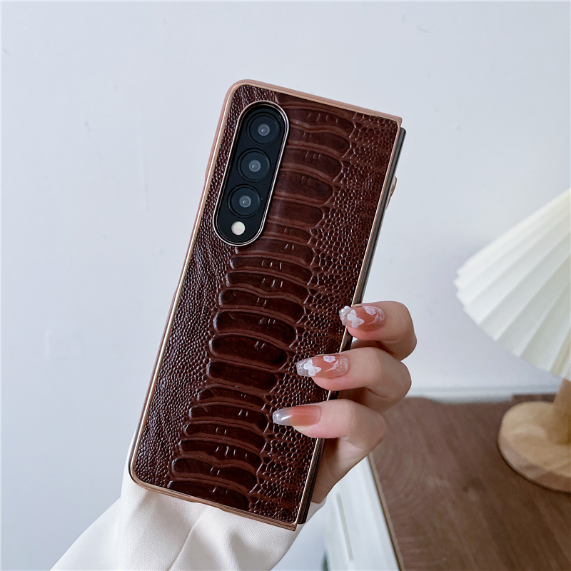 Funda plegable para teléfono Vogue de grano de avestruz para iPhone 14 13 Pro Max Samsung Galaxy Z Fold4 Fold3 Flip3 Flip4 S23 Ultra S22 Plus S21 Funda sólida de cuero genuino para negocios