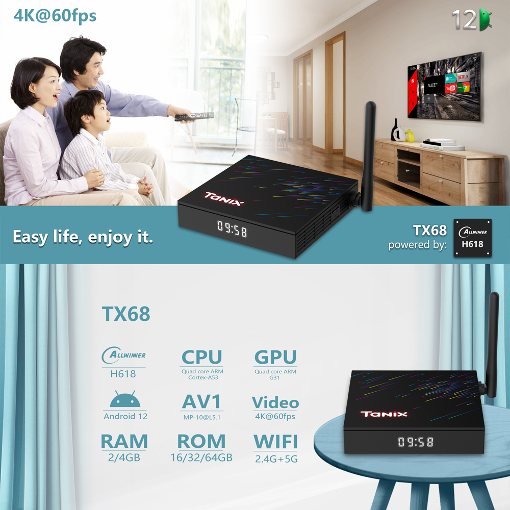 Tanix TX68 TV Box Android 12 Allwinner H618 WiFi6 2G 16G TVBOX 4G 32G 64G 3D BT AV1 2.4G 5G Wifi 4K HDR Media Player Set Top Box