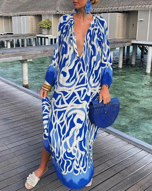 Kvinnors avslappnade klänningar sommarklänning Robe kvinnor boho tryck lös strand elegant retro harajuku v-ringning maxi klänning sexig långärmad överdimensionerad klädkläder för kvinna