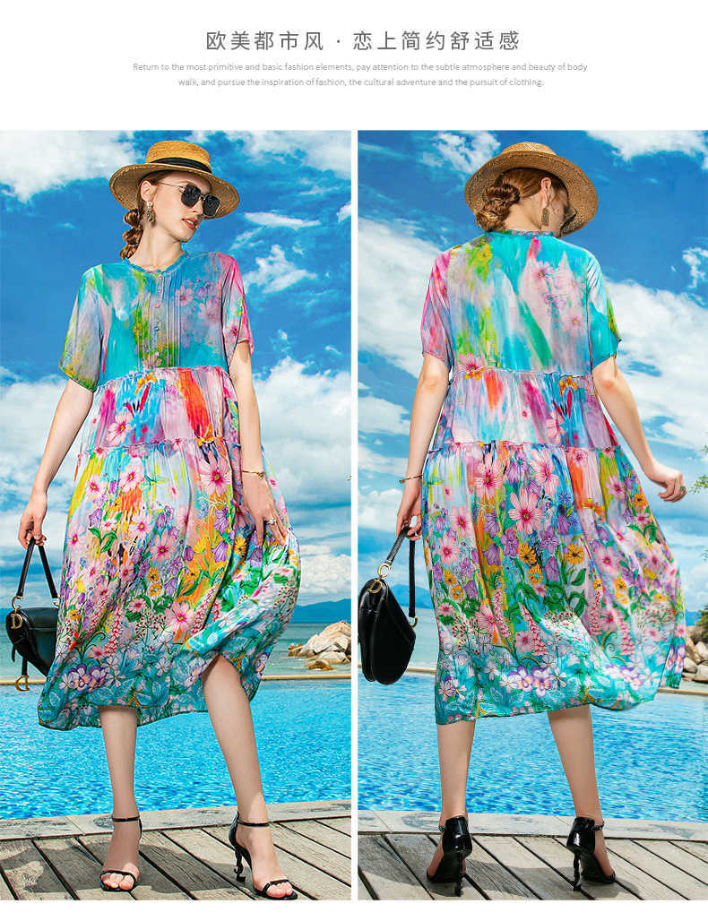 Casual Dresses Ladies Boho Print Floral Silk Midi Dress 2022 Koreansk version Retro Casual Party Dress Spring Summer New Light Elegant Beach Sun W0315