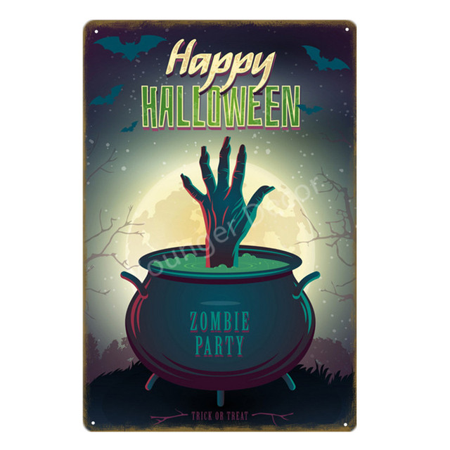 Zombie metalowe znaki cyny Happy Halloween imprezowy plakat dynia naklejka ścienna sztuka druk kraft house bar klubowy wystrój domu 30x20cm W03