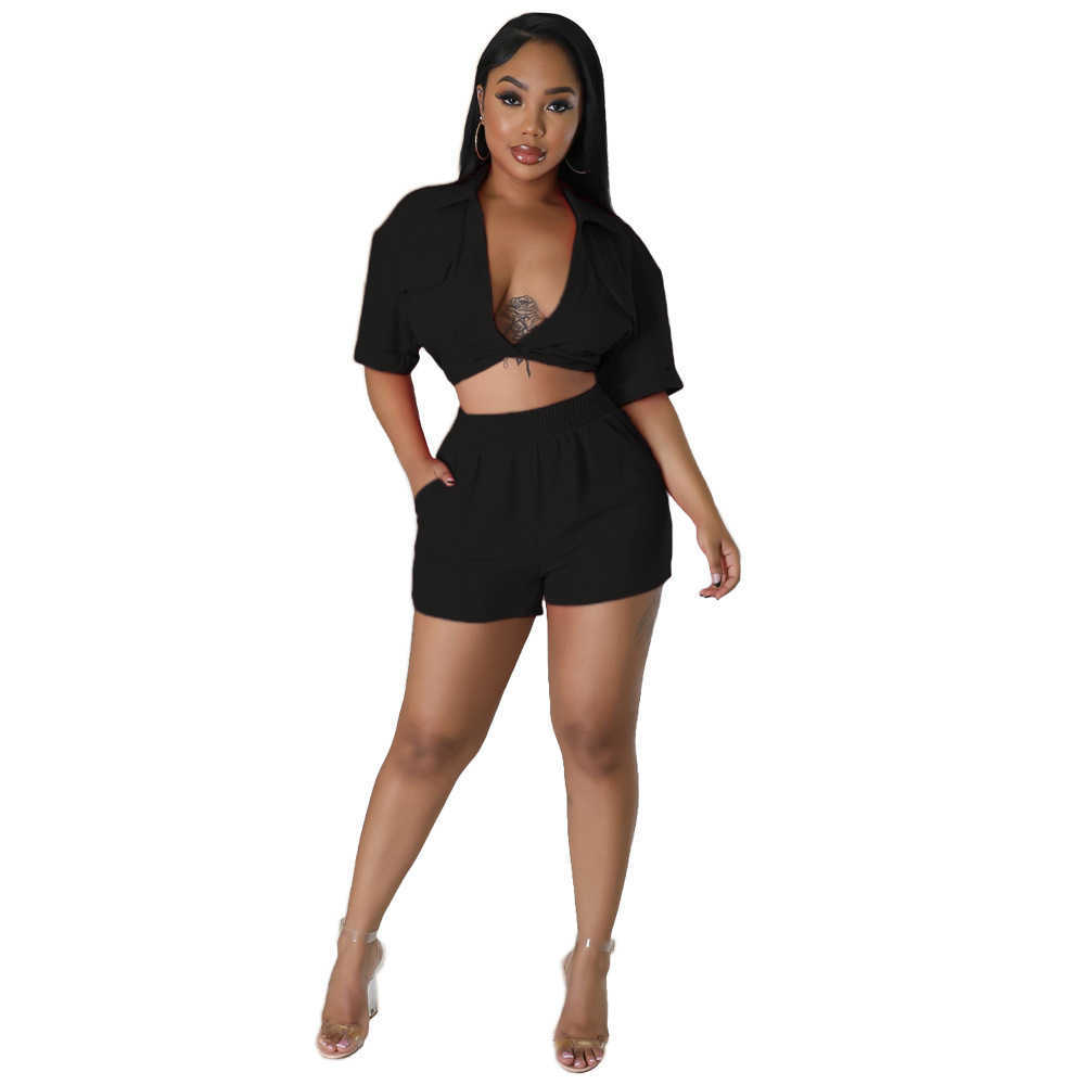 Women Tracksuits Two Piece Shorts Set 2023 Summer New Sexy Deep Neck Solid Color Short Sleeve Tops And Shorts Suit Sets