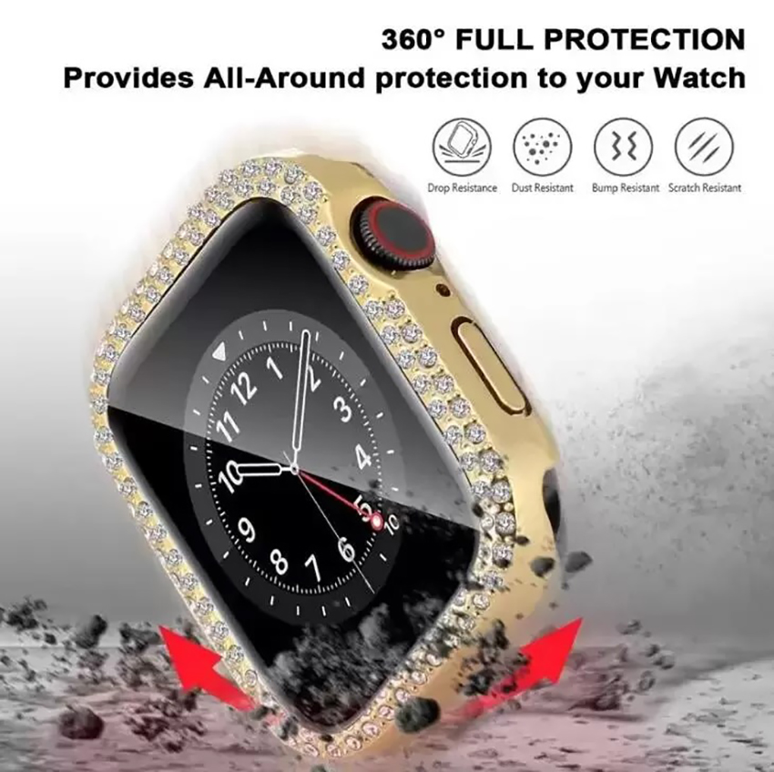 Diamant Double Rangée Protecteur D'écran Montre Cas Pleine Couverture En Verre Trempé Bling Protection PC Pare-chocs pour Apple Watch 7 6 5 4 3 2 41mm 45mm 44mm 42mm 40mm 38mm