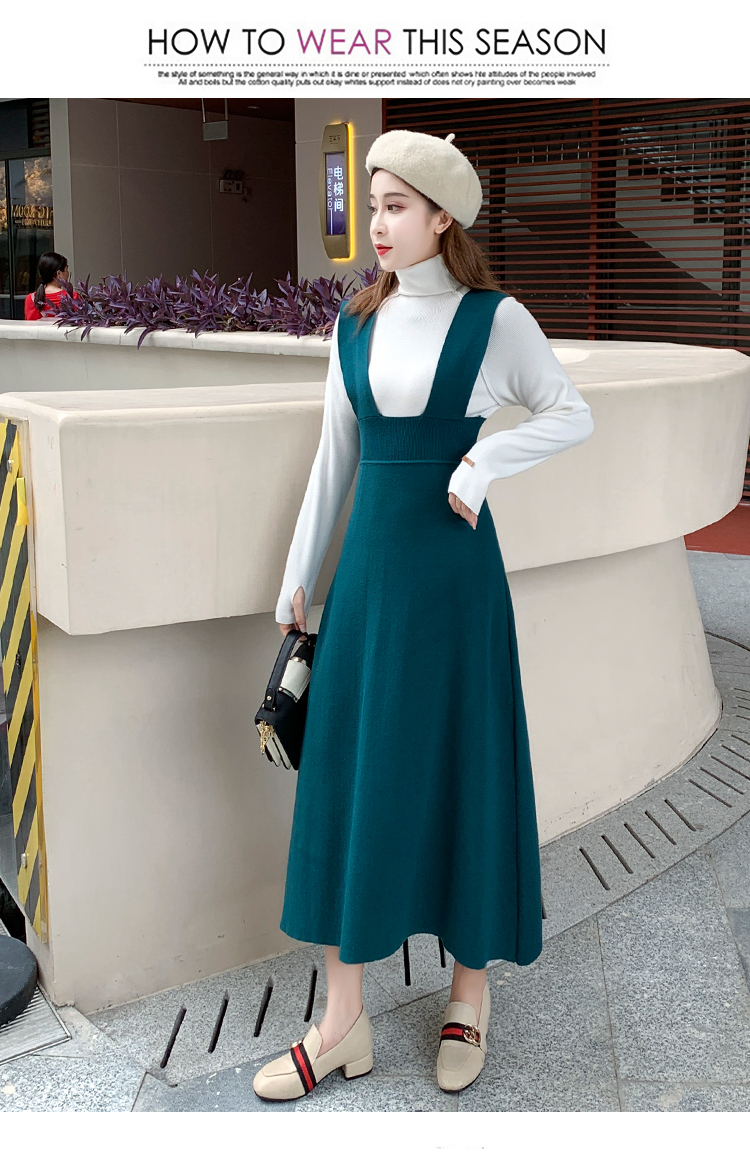 Women's turtleneck sweater and knitted spaghetti strap suspender a-line midi long dress