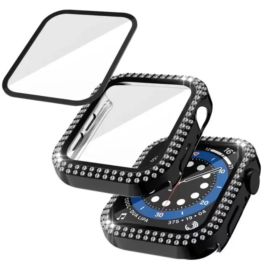 Diamant Double Rangée Protecteur D'écran Montre Cas Pleine Couverture En Verre Trempé Bling Protection PC Pare-chocs pour Apple Watch 7 6 5 4 3 2 41mm 45mm 44mm 42mm 40mm 38mm