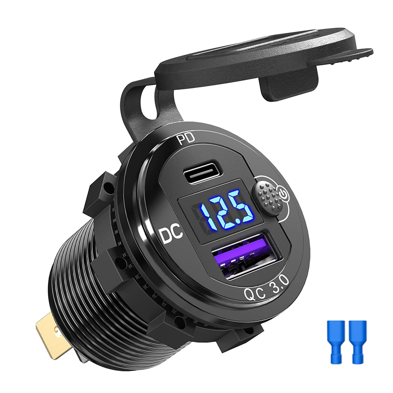 48W 12V/24V Charge rapide en aluminium Type C PD QC3.0 adaptateur de prise de chargeur USB avec interrupteur LED voltmètre pour voiture moto