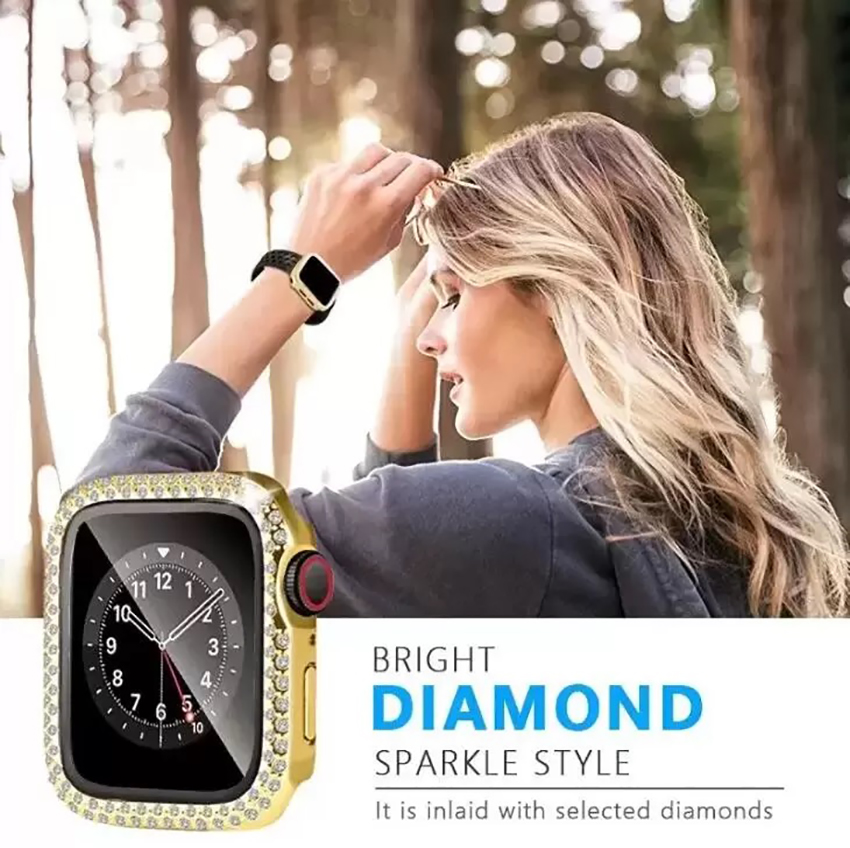 Diamond Double Row Screen Protector Watch Case Full Cover Vetro temperato Bling Protettivo Paraurti PC Apple Watch 7 6 5 4 3 2 41mm 45mm 44mm 42mm 40mm 38mm