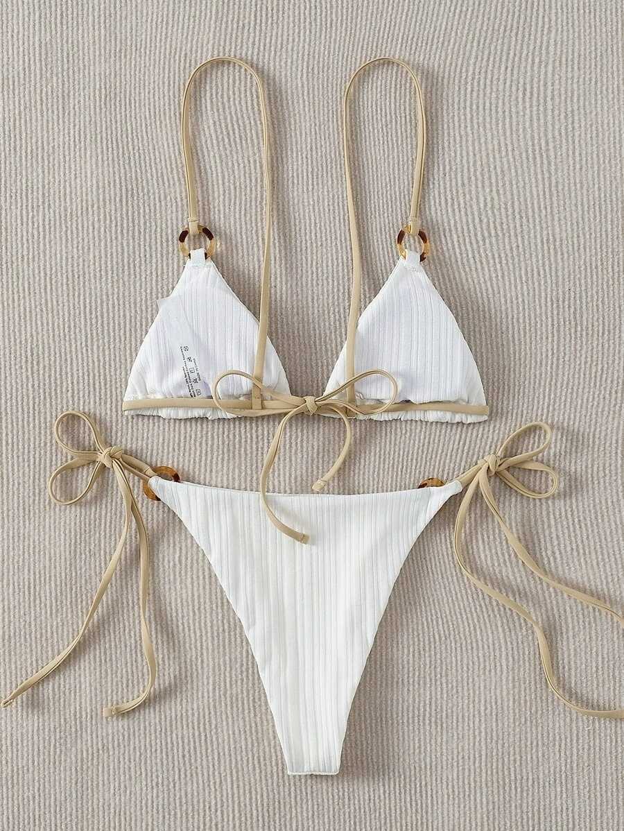 Bikinis set Sexy Bikini Set 2022 Cute White Ring Linked Triangle Tie Side Triangle Thong Biquini Swimsuit Swimwear Women Bathing Suit P230316