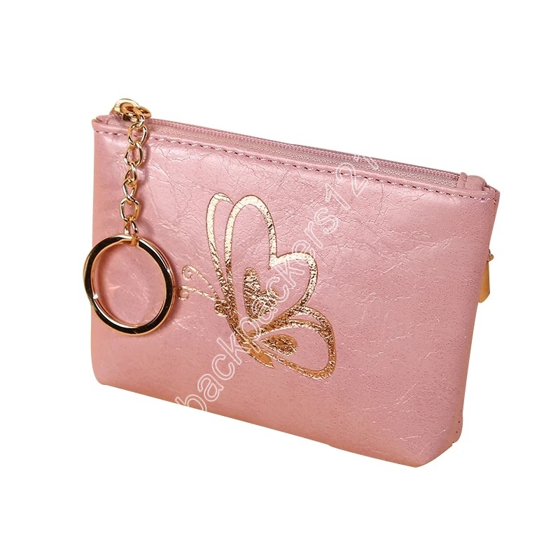 Ключевая сумка для хранения монеты с цепочкой женские мини -кошелек монеты бронзирование бабочки кожа маленькая молния на молнии дамские дамы модные