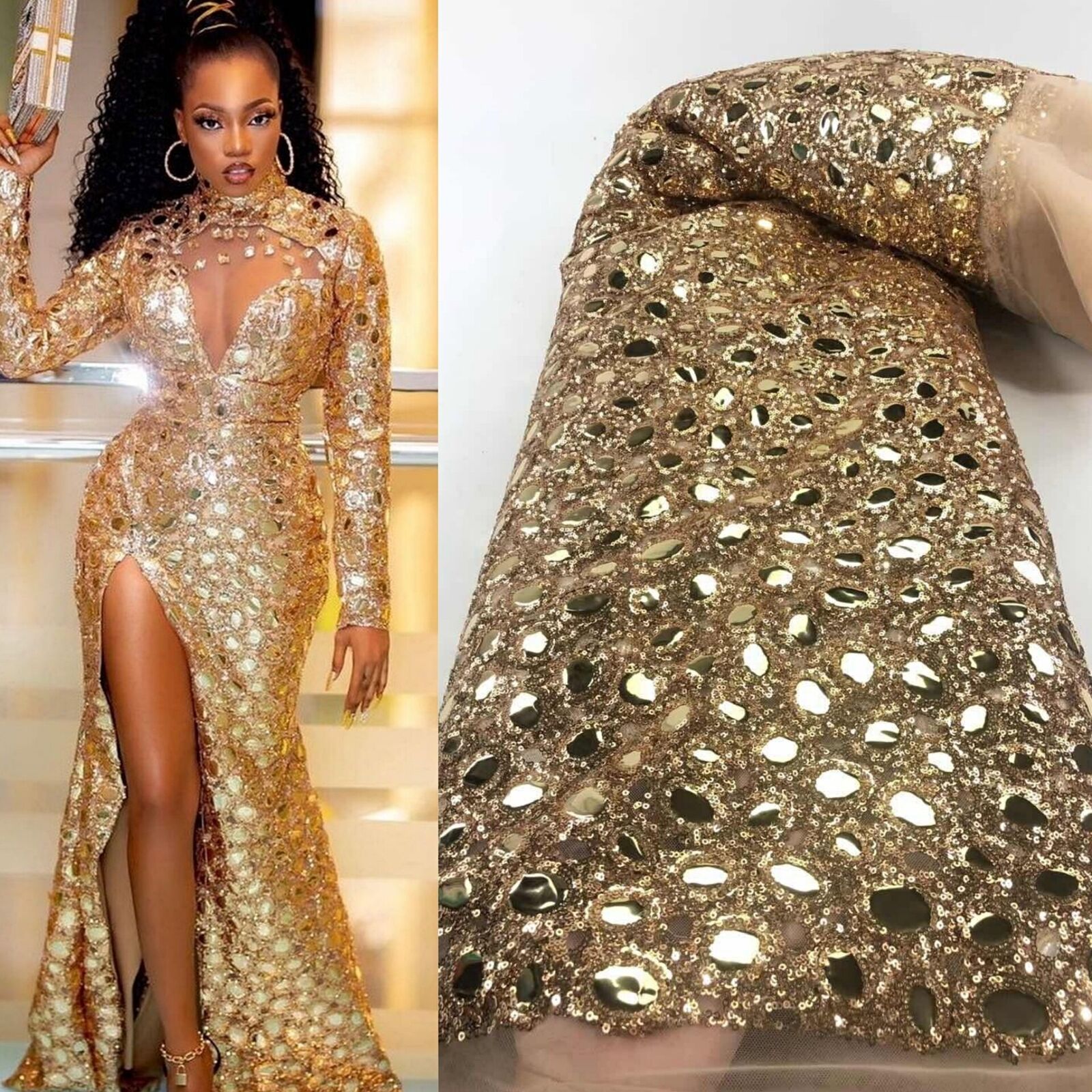 Sparkle Gold Sequin Mermaid Prom Dress for Black Girls Luxury Aso Ebi Långärmad Crystal Evening Gowns 2023 Slit Formell African Nigeria Plus Size Vestido de Fiesta