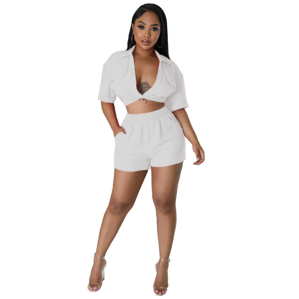 Women Tracksuits Two Piece Shorts Set 2023 Summer New Sexy Deep Neck Solid Color Short Sleeve Tops And Shorts Suit Sets