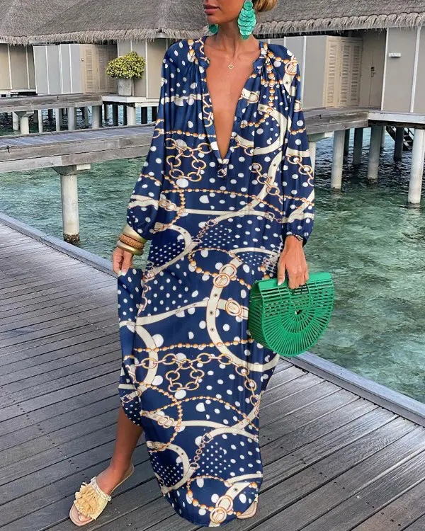 Kvinnors avslappnade klänningar sommarklänning Robe kvinnor boho tryck lös strand elegant retro harajuku v-ringning maxi klänning sexig långärmad överdimensionerad klädkläder för kvinna