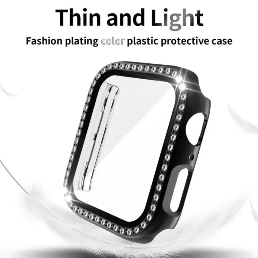 Diamond dubbele rijscherm Beschermingskastje Volledig deksel gehard glazen bling beschermende pc -bumper voor Apple Watch 7 6 5 3 2 41mm 45 mm 44 mm 42 mm 40 mm 38 mm 38 mm