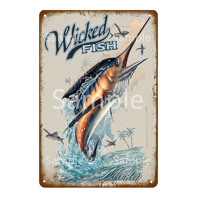 Big Waters Pesca Shabby Chic Targa in metallo in metallo Bar Pub Decorazioni esterni Pescatore Poster Pesce nudo Adesivo da parete 30X20 cm W03