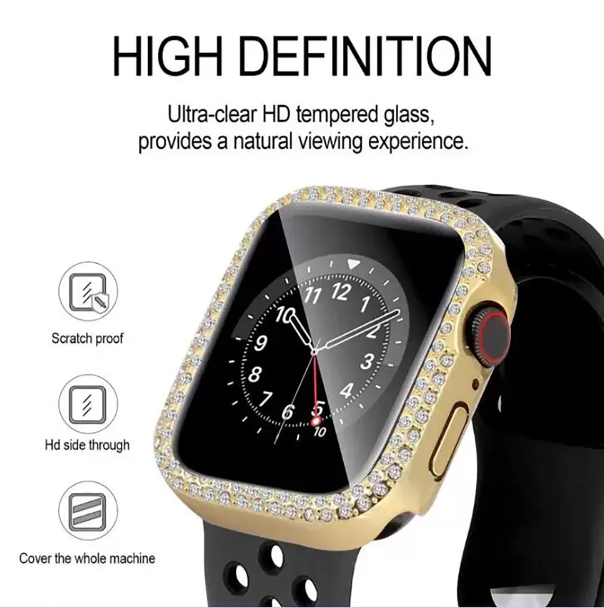 Diamond Double Row Screen Protetor de relógio Capa completa Vidro temperado Bling protetor PC para PC para Apple Watch 7 6 5 4 3 2 41mm 45mm 44mm 42mm 40mm 38mm