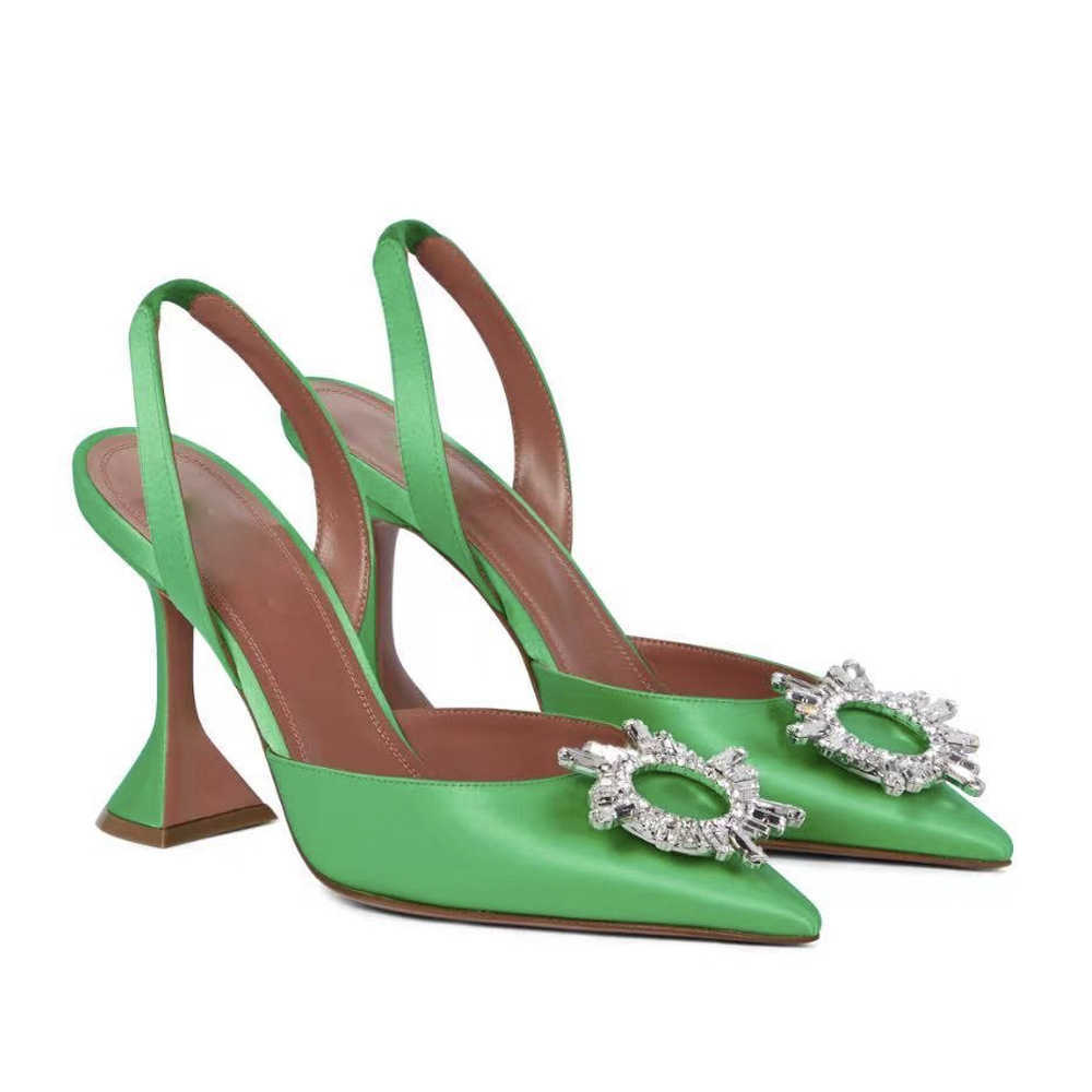 Sandals 2022 New crystal buckle rhinestone high-heeled sandals with pointed toe sandals for ladies wedding shoes yellow green orange