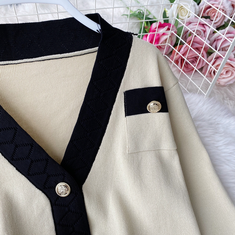 여자 컬러 블록 니트 v- 넥 스웨터 가디건 및 넓은 다리 바지 트윈 세트