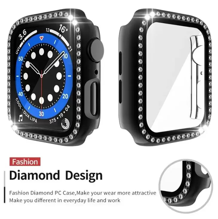 Diamond Double Row Screen Protector Watch Case Full Cover Vetro temperato Bling Protettivo Paraurti PC Apple Watch 7 6 5 4 3 2 41mm 45mm 44mm 42mm 40mm 38mm