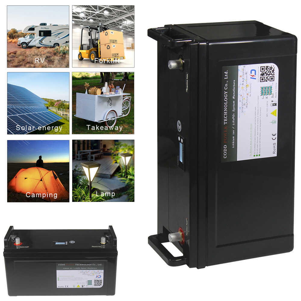 24V 100AH ​​LIFEPO4 -batterij met Bluetooth BMS 10A -oplader voor RV -inverteropslag Solar Waterdichte Case LCD -display