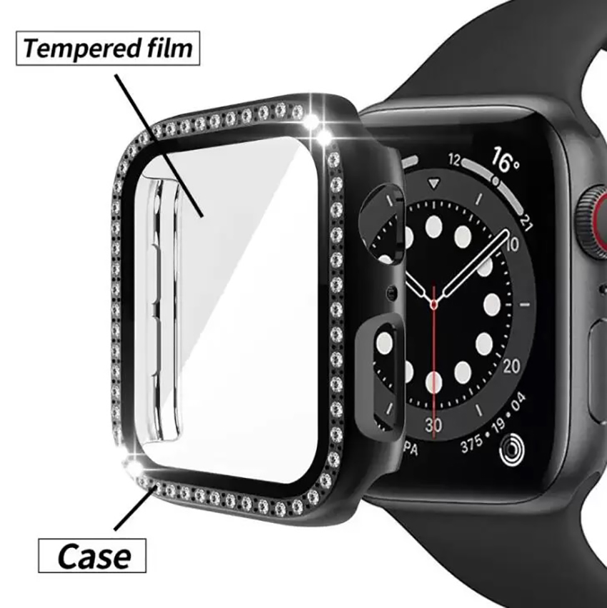 Diamond Double Row Screen Protetor de relógio Capa completa Vidro temperado Bling protetor PC para PC para Apple Watch 7 6 5 4 3 2 41mm 45mm 44mm 42mm 40mm 38mm