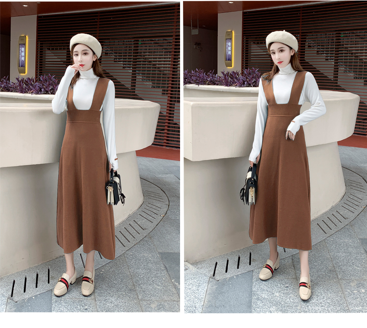 Women's turtleneck sweater and knitted spaghetti strap suspender a-line midi long dress