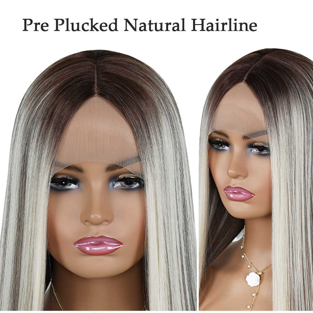 Synthetische Perücken, Aschblond, gerade Spitze, langes Haar, Highlight Ombre, synthetischer Mittelteil, für schwarze Frauen 230227