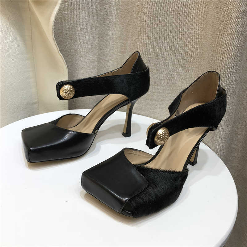 Sexy zwarte vrouwen pompen vierkant teen uit holle high hiel schoenen