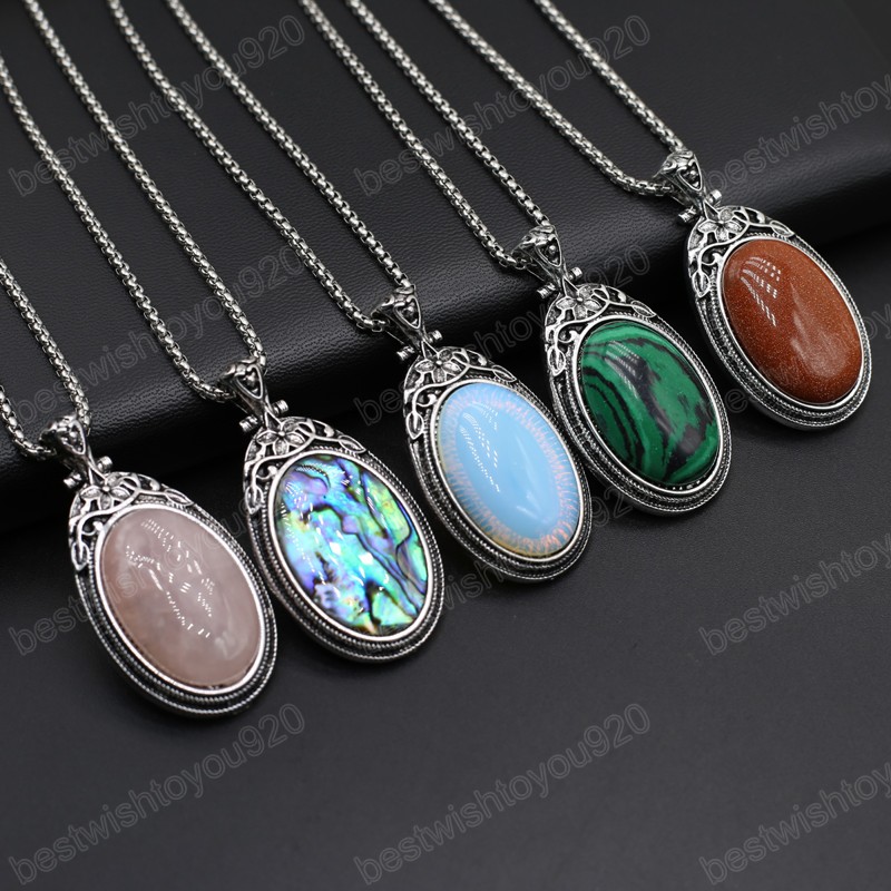 Oval Natural Stone Pendant Necklace Abalone Shell Agate Opal Link Chains Healing Crystals Stone Necklace For Women Jewelry