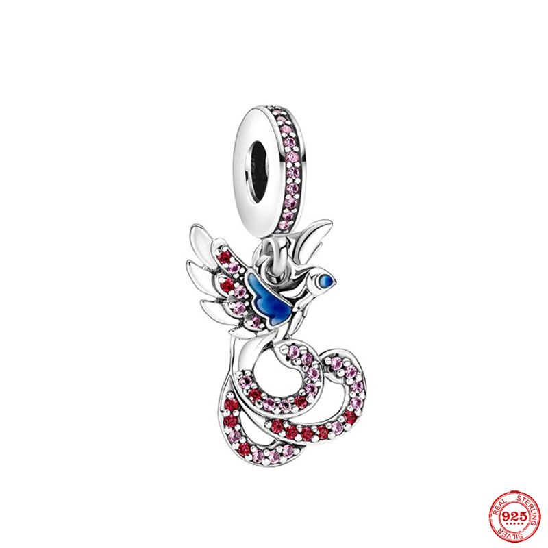 925 Silver Fit Pandora Oryginalne urok DIY Wiselant Women Bracelets Koraliki Pink Murano Glass Flamingo Dangle