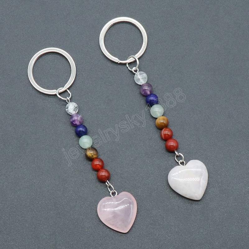 Porte-clés en pierre de cristaux naturels, en acier inoxydable, Quartz Rose, Agate, pendentif cœur, cristal Reiki, décor de sac à main