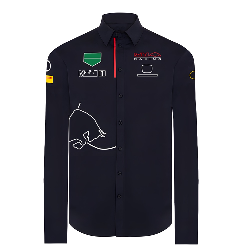2024 Yeni F1 Gömlek Formül 1 Takım Moda Uzun Kollu Gömlek Bahar Bahar Beyaz Siyah Siyah Siyah Gömlek Düğme Düğme Tezgahı