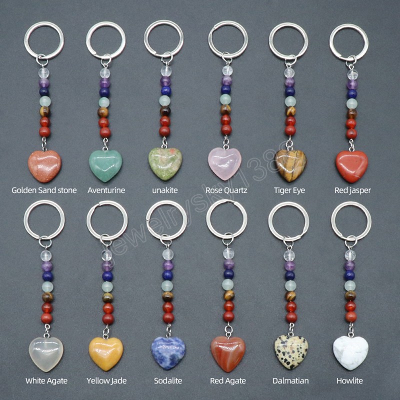 Porte-clés en pierre de cristaux naturels, en acier inoxydable, Quartz Rose, Agate, pendentif cœur, cristal Reiki, décor de sac à main