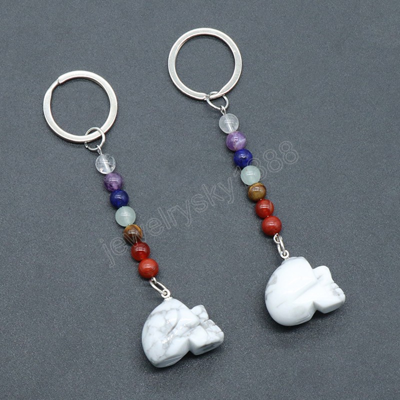 Natural Crystals Stone Keychains Stainless Steel Keychain Rose Quartz Agate Skull Pendant Reiki Crystal KeyChain Handbag Decor