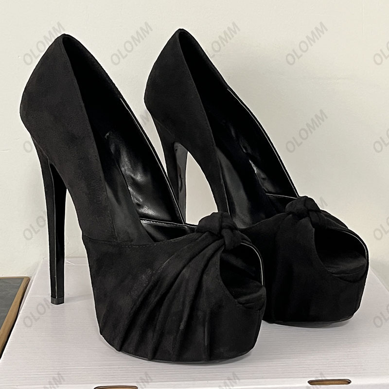 Olomm Photos Real Photos Women Pumps Sexy Thin Thight High Pumps Charm Peep Toe Elegant Black Party Shoes Women بالإضافة إلى حجمنا 5-20