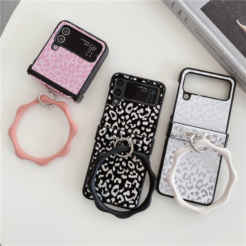 Folding Leopard Print Vogue Phone Case för Samsung Galaxy Z Flip3 Flip4 5G Hållbar ringhållare Gradient Färg Läder Protektiv Shell Suffsäker