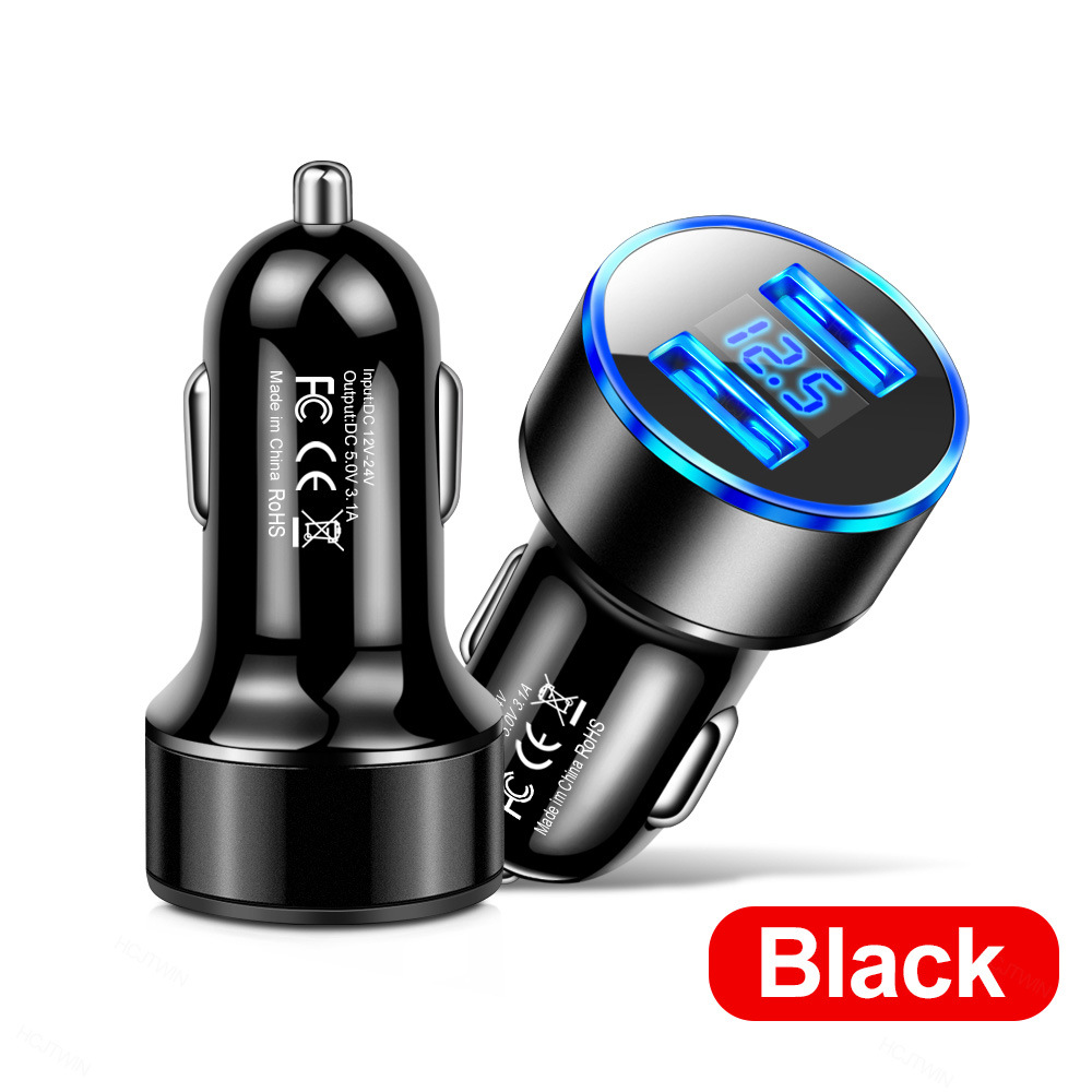 Universal 12V-24V Fast Dual USB Car Charger Adapter LED Display 5V 3.1A Auto ABS USB Car Phone Charger for iPhone 11 12 13 14 Huawei Android phone