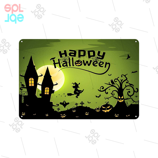 Halloween Tin Plate Vintage Wall Decor Pumpkin Lamp Decorative Plate Wall Stickers Metal Plaque Metal Tin Plate Home Decor 30X20cm W03