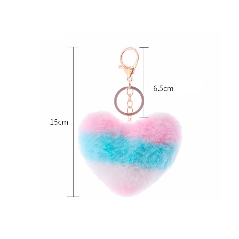 Rainbow Stitching Plush Keychain Pendant Creative Heart Shaped Rabbit Fur Key Chain Car Keychains Christmas Gift