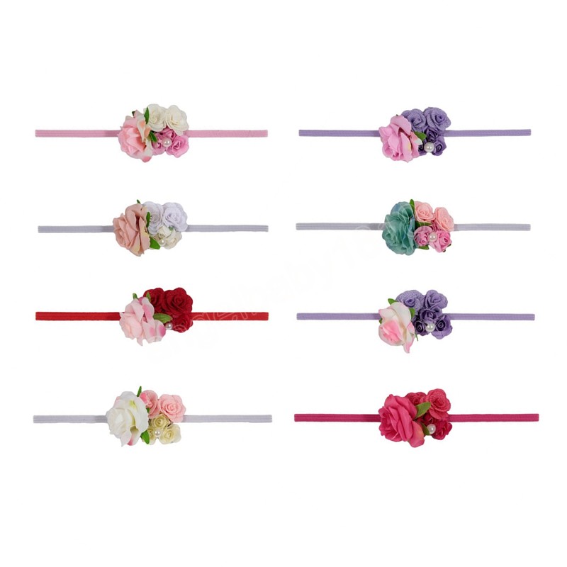Bandeaux à fleurs de roses pour bébés filles, avec perles, élastiques pour cheveux, enveloppes avec nœuds, accessoires pour cheveux pour nouveau-nés et tout-petits