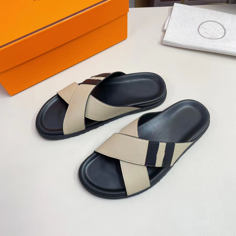 2023 Designer homme sandales en plein air Beach Slide Pantoufles mode de luxe pour hommes 100% cuir H pantoufles Patch en nylon chaussure plate Personnalisé maison sandale antidérapante tailles 38-45